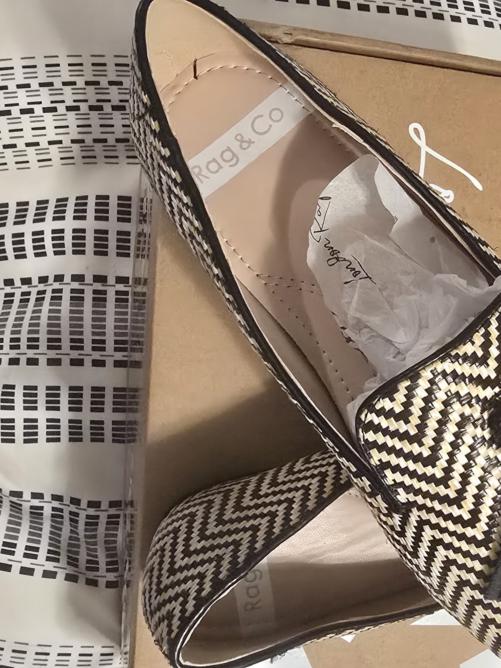 Rag & Co Black and White Woven Slip-On Loafers